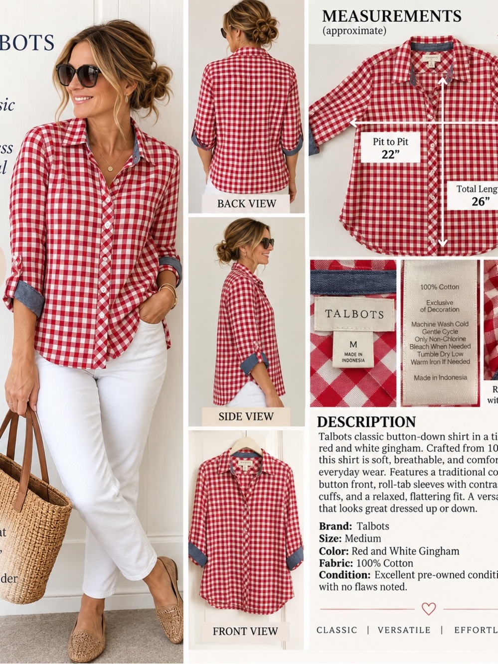 Talbots Red and White Gingham Button-Down Shirt #133